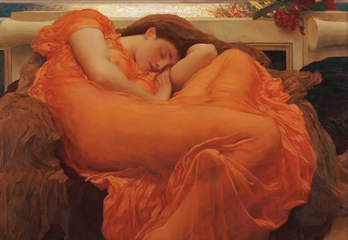 Mulher adormecida enrolada sobre si mesma, vestida de laranja vibrante, na pintura "Flaming June" de Frederic Leighton