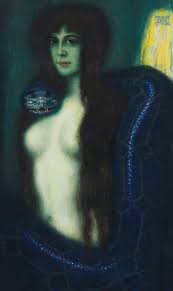 Mulher pálida envolta por uma serpente negra na pintura simbolista de Franz von Stuck, evocando a femme fatale e o animus negativo