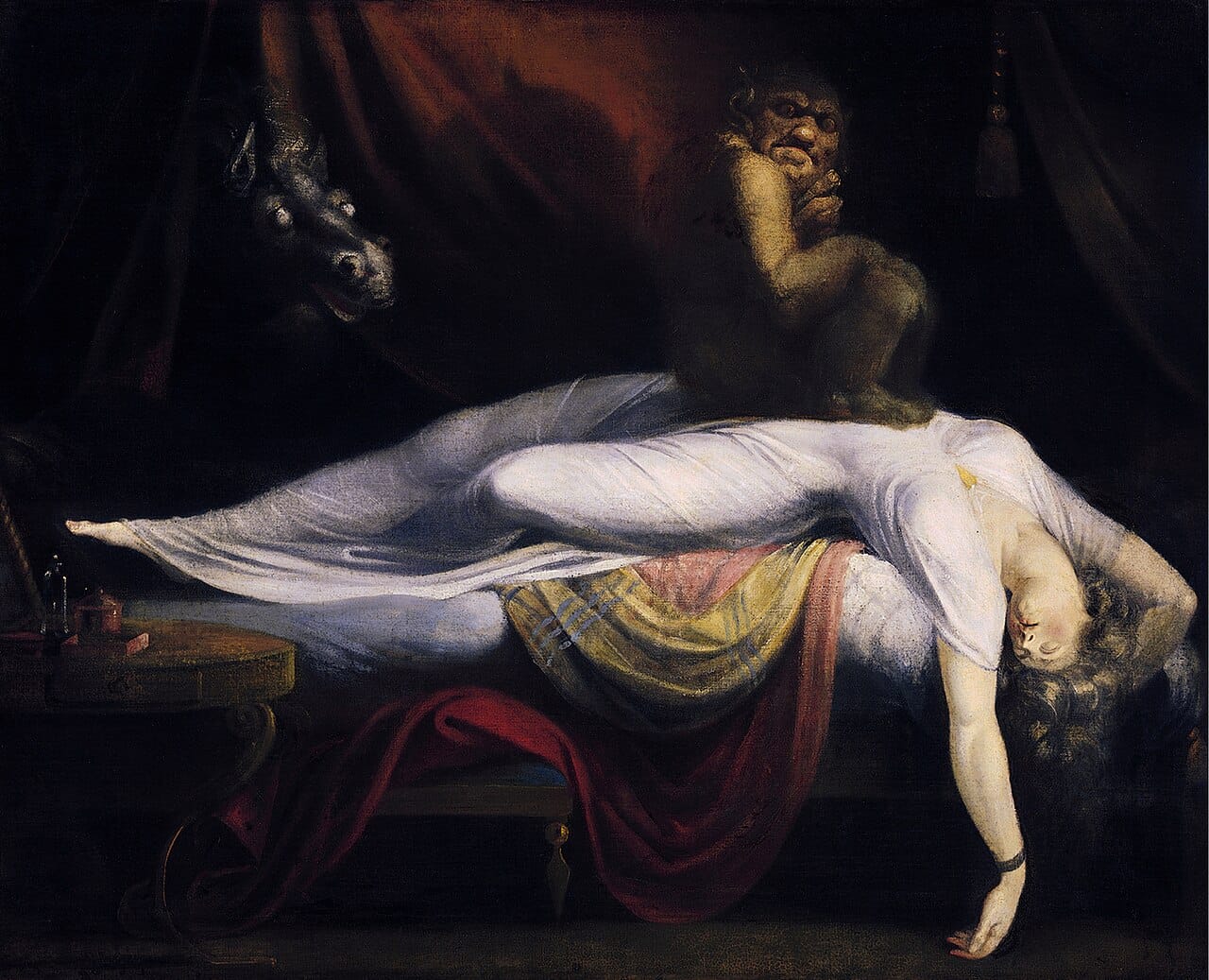Mulher adormecida e indefesa com uma criatura demoníaca sobre o peito, na pintura "O Pesadelo" de Henry Fuseli, evocando o tirano interior e a possessão