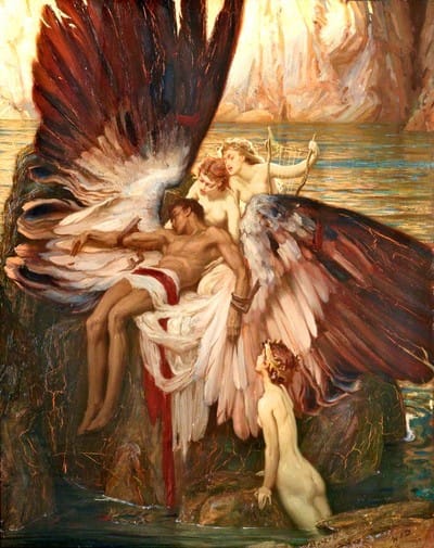 Pintura "O Lamento por Ícaro", de Herbert James Draper: o corpo sem vida de Ícaro, de asas desfeitas, velado por ninfas junto às rochas à beira-mar.